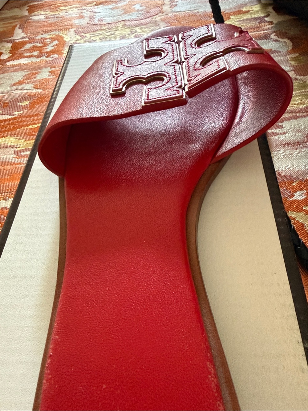 Tory Burch Red/Gold Double T leather slides - Picture 9 of 16
